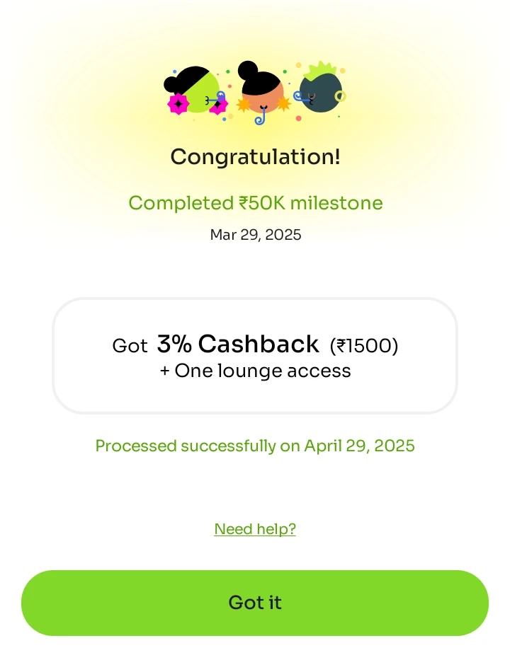Screenshot of milestone reward credited on Kiwi