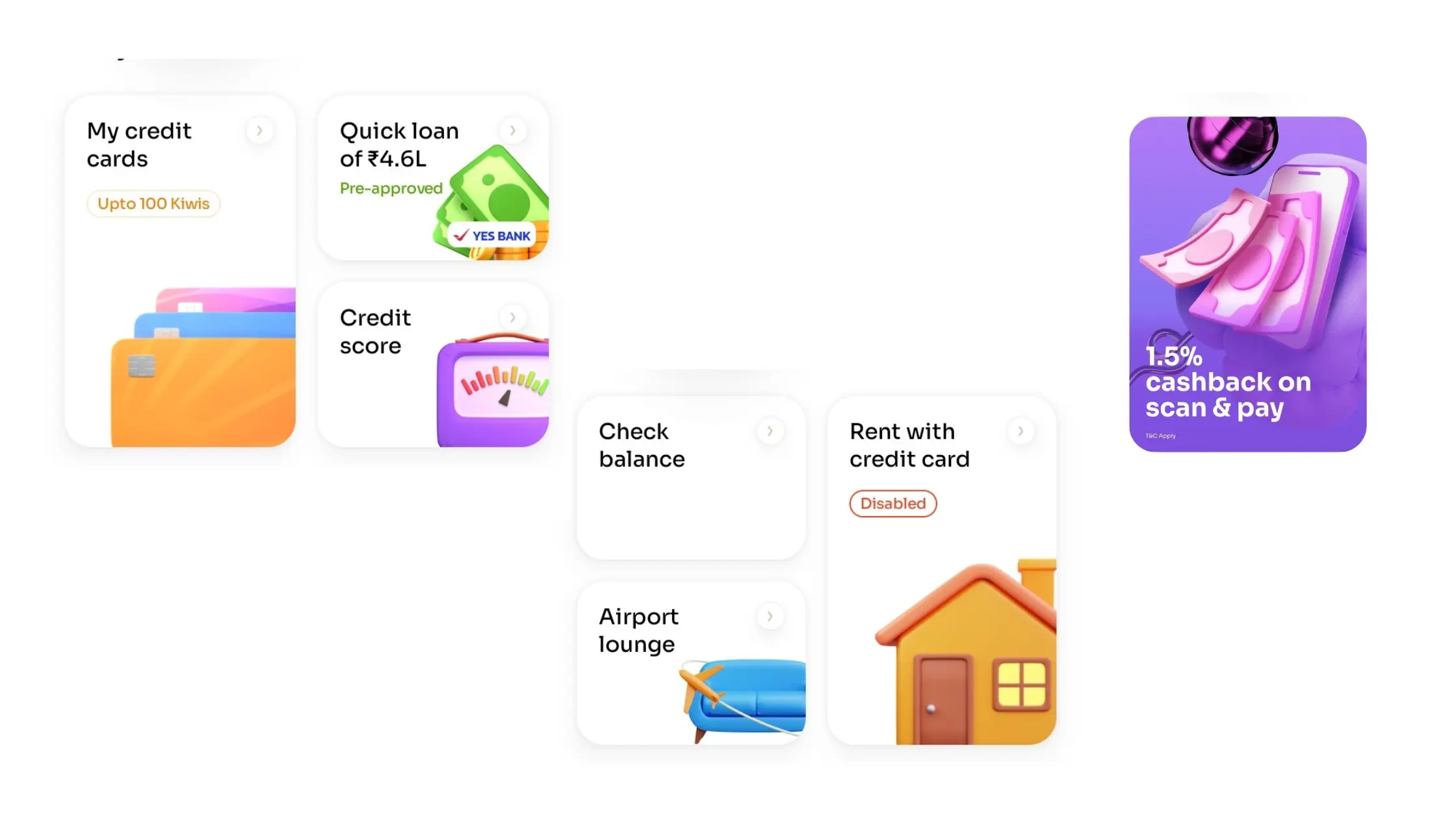 Kiwi app RuPay credit card interface showing cashback rewards