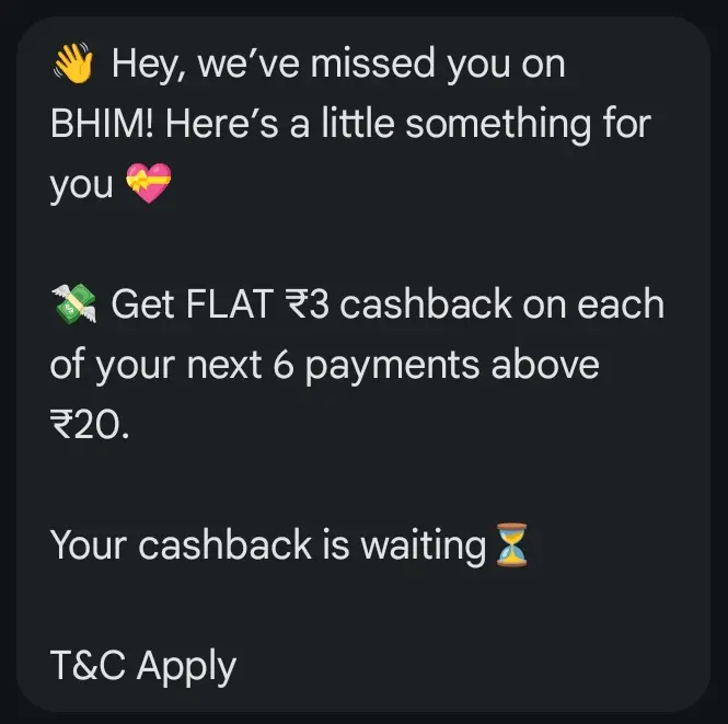 Promotional cashback message by BHIM UPI ahwyz8