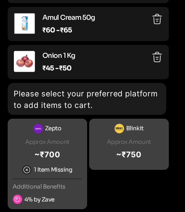 Price comparison on Zave
