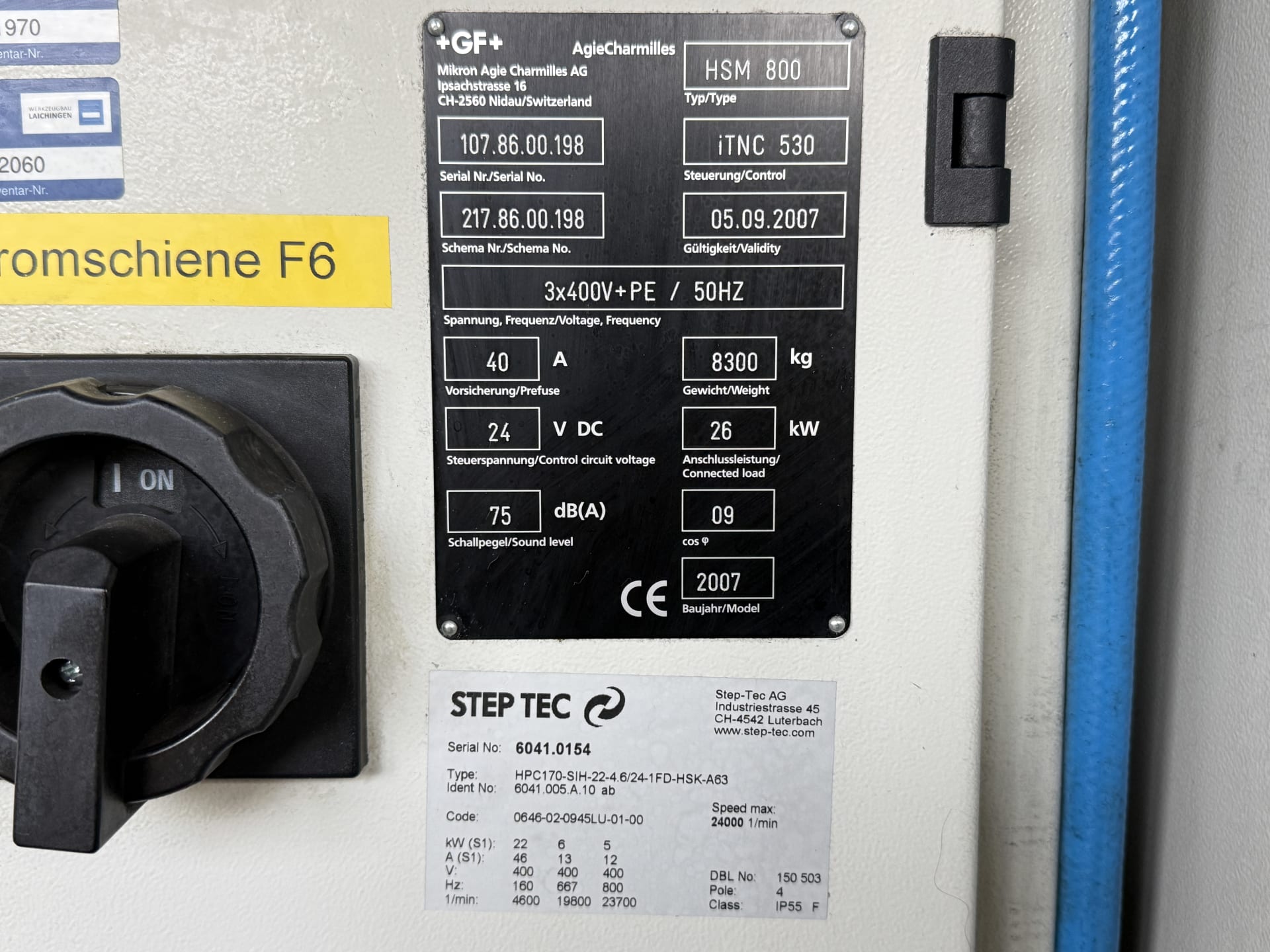 Plates with CE mark on the control cabinet of a used MIKRON HSM 800