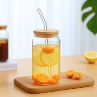 Vaso de Vidrio con Tapa de Bambú y Sorbete – foto 1
