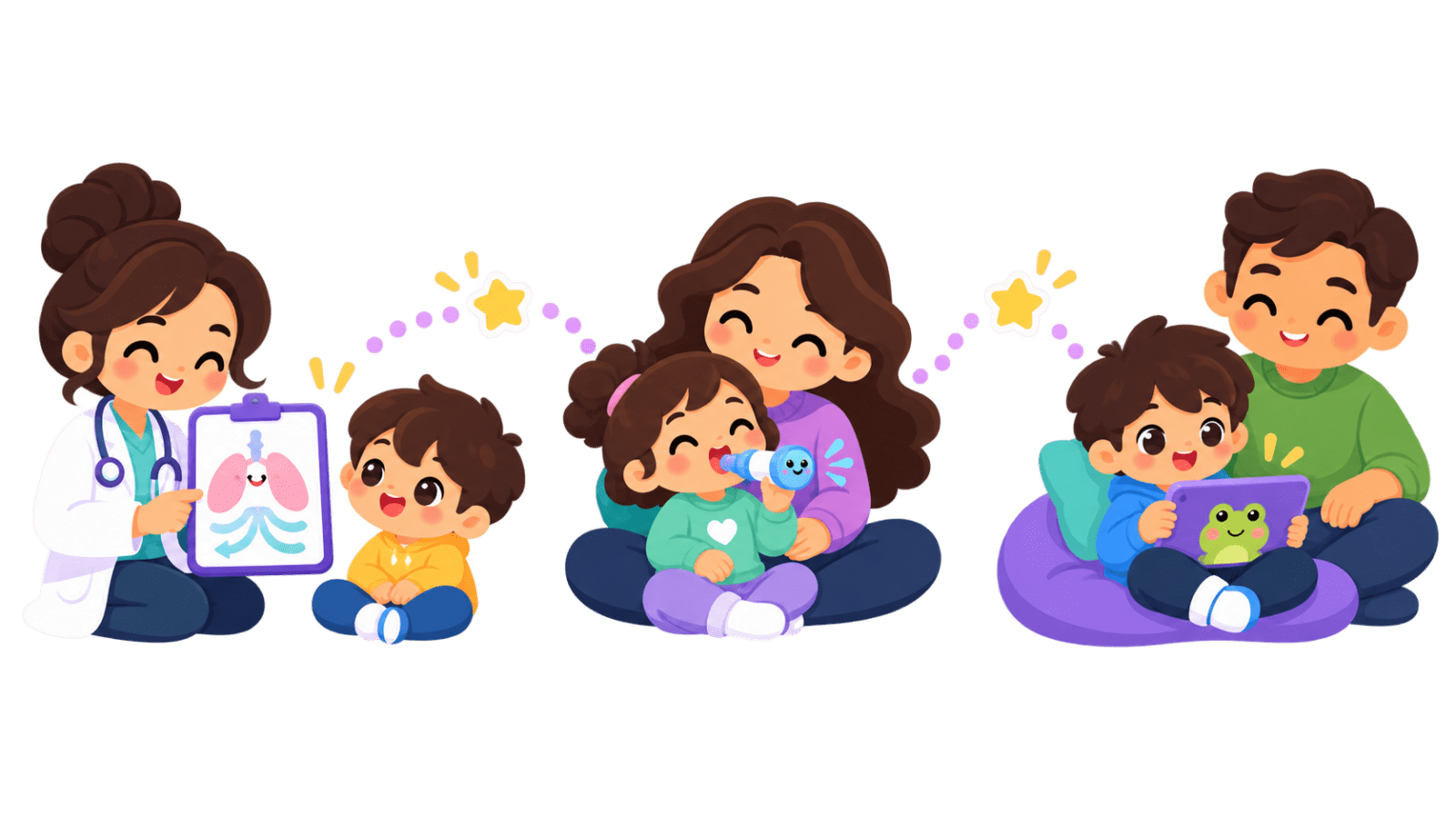 A doctor explaining breathing, a parent and child practising together, and a child playing while an adult watches