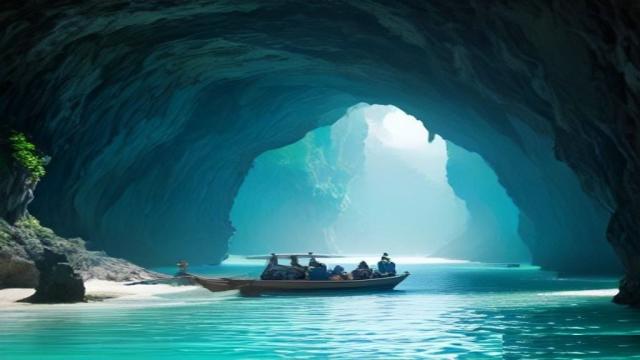 Small boat taking guests into a cave entrance on Ha Long Bay