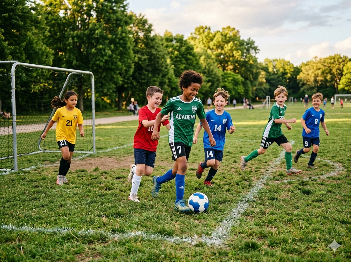 Niño colombiano sonriente jugando fútbol en el campo