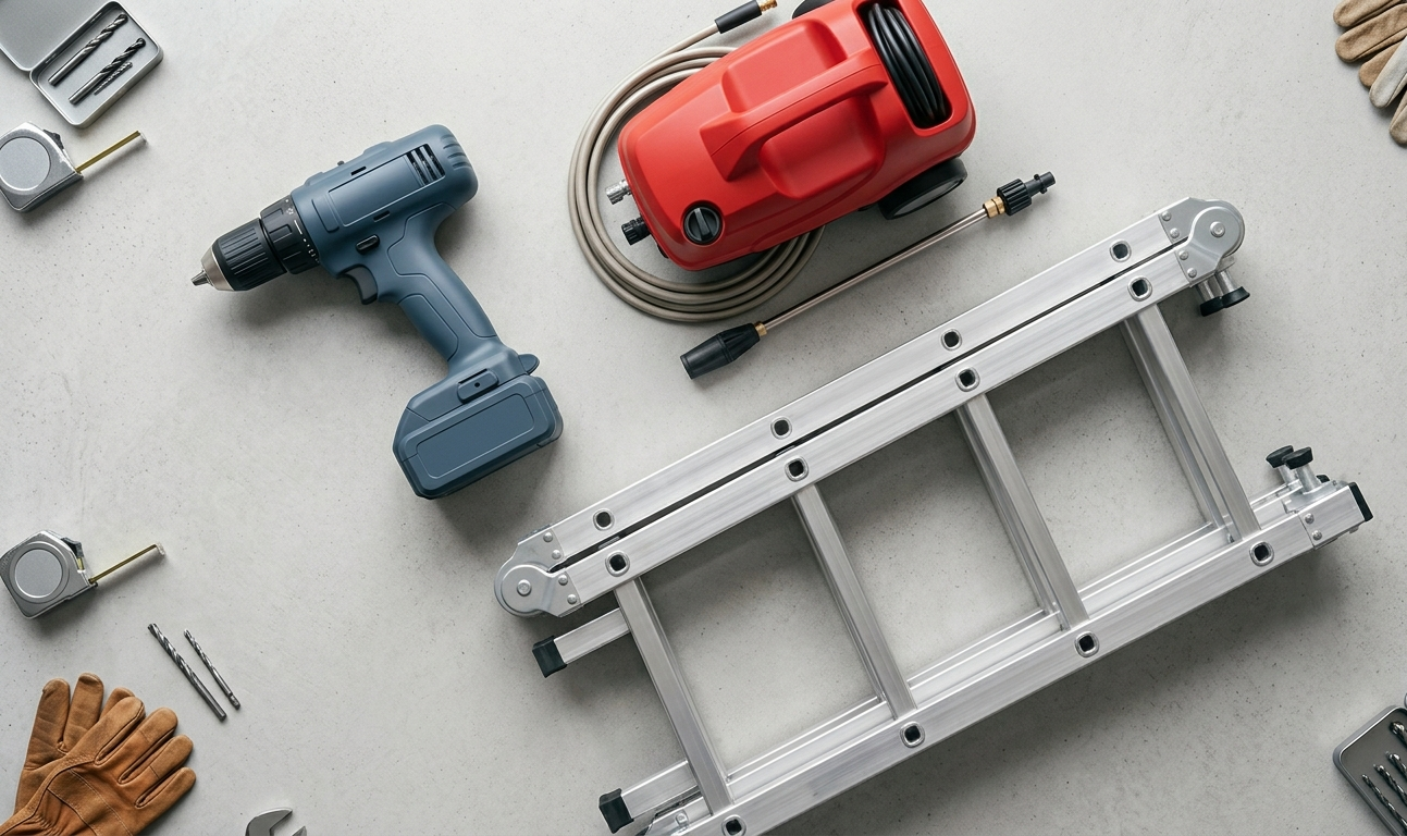 Perceuse, nettoyeur haute pression et échafaudage posés sur sol béton pour location entre particuliers