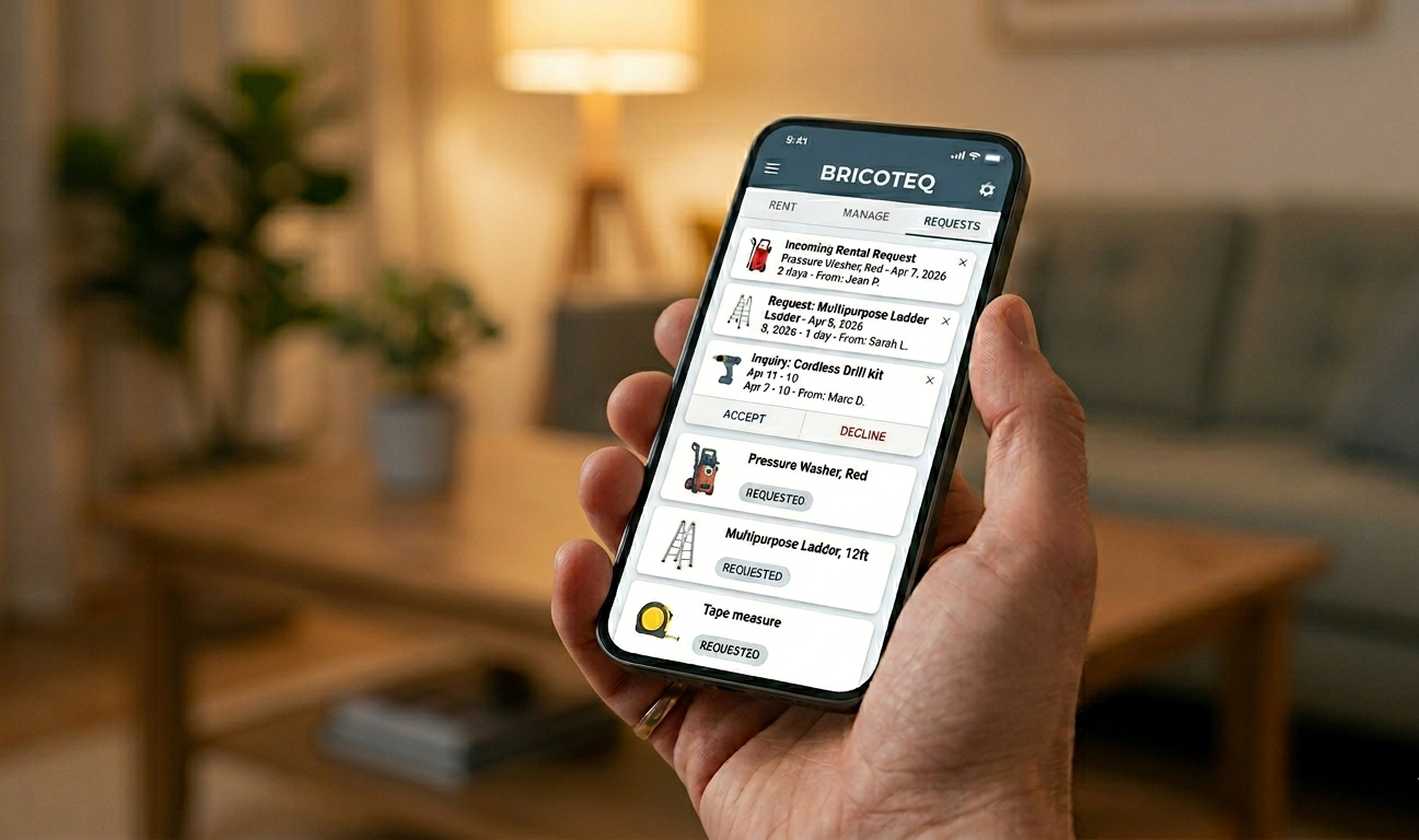 Main tenant un smartphone affichant une application de location d'outils avec demandes entrantes