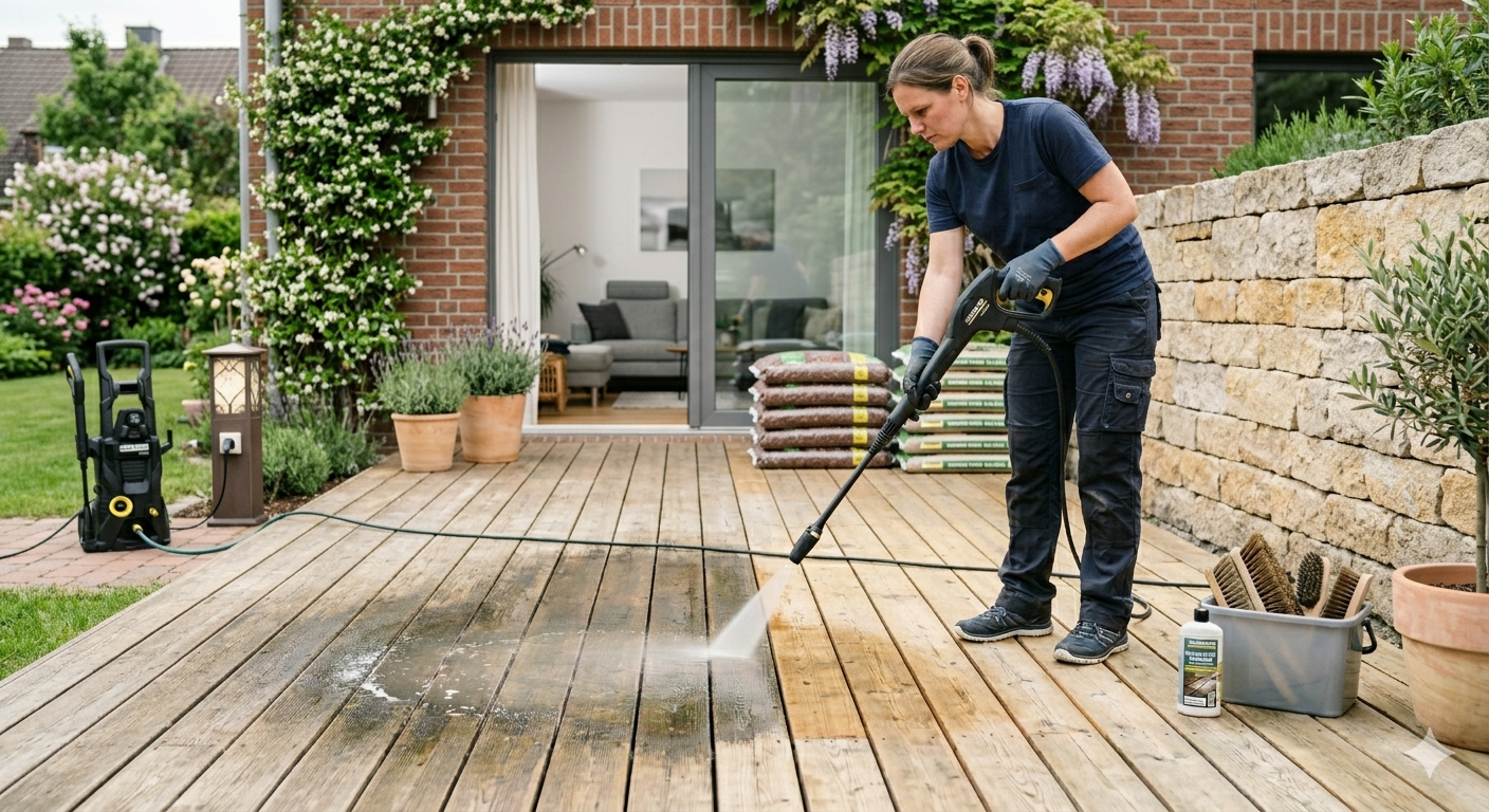 Nettoyer une terrasse en bois – personne qui frotte le sol avec une brosse