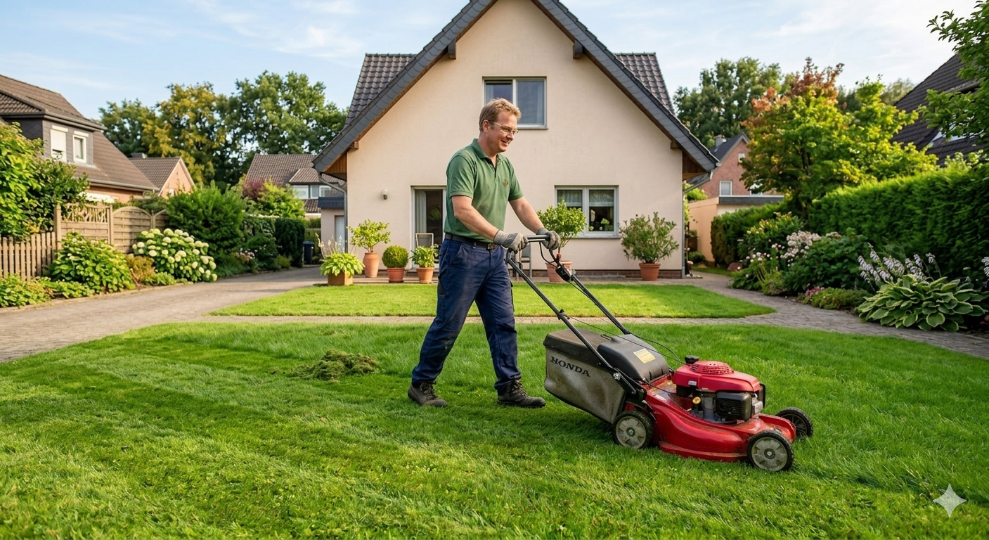 jardinier utilisant une tondeuse à gazon thermique