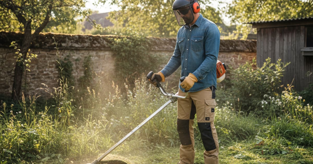 Un homme utilise une débroussailleuse dans un jardin verdoyant et ensoleillé