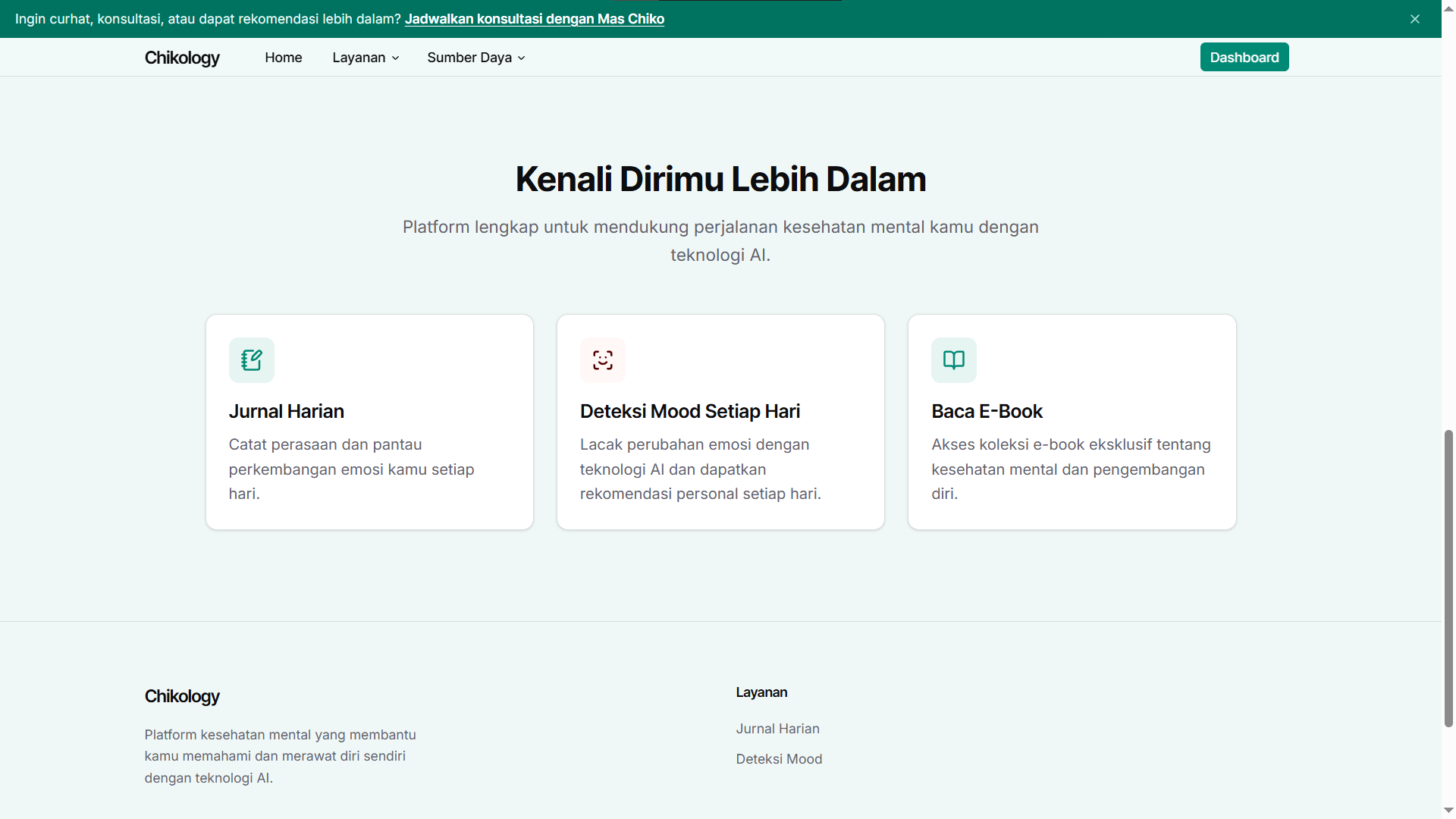 Landing page aplikasi untuk chikology.id menampilkan fitur utama, testimoni, dan CTA untuk download aplikasi. Menggunakan animasi Lottie untuk ilustrasi interaktif.