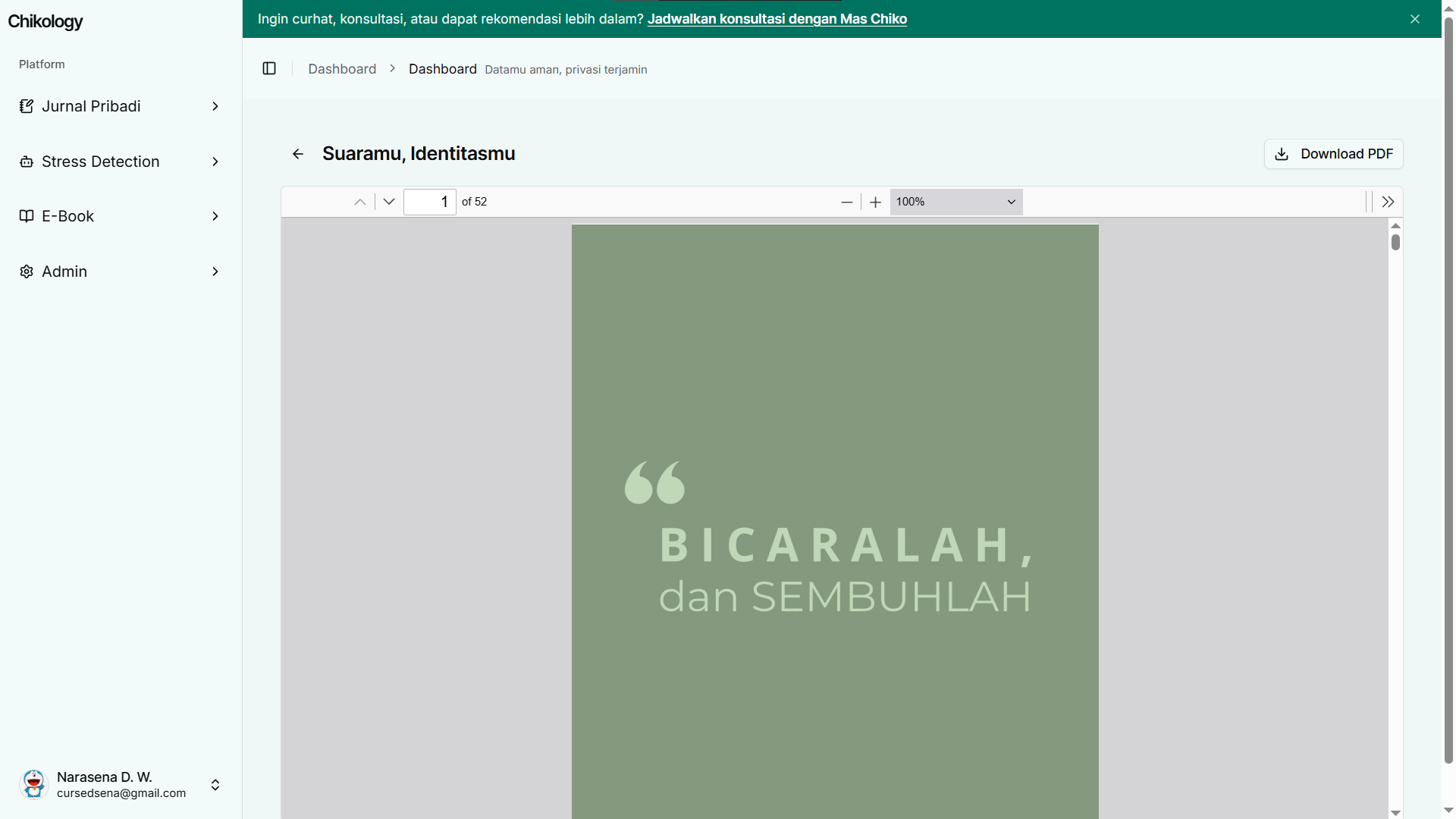 Ebook digital dengan chapter gating setiap chapter bisa dibeli terpisah. PDF dilayani via signed URL dari Supabase Storage. Feature flag otomatis via pg_cron.