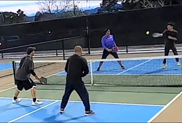 Men&#039;s doubles pickleball at Sunset Park. Long and Ray vs Aiman and Alex. Game 3 of 3.