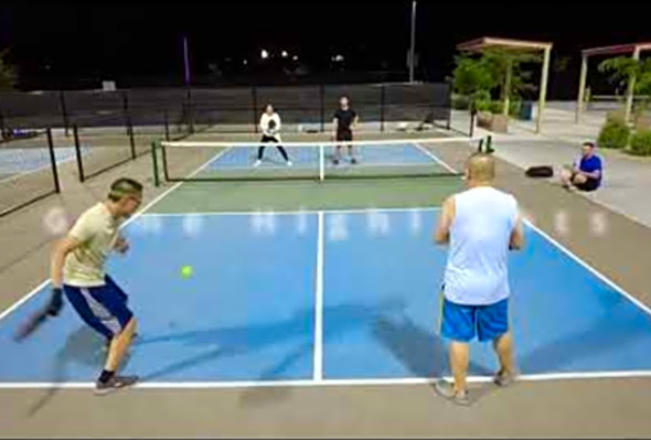 Pickleball highlights, coed play, sunset park at night