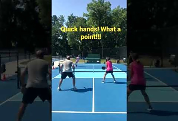 Awesome point! Pickleball battle- volleys, dinks, lobs- awesome rally!