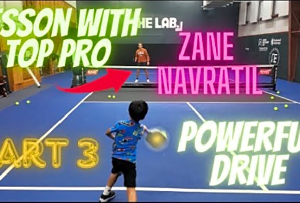 6 year old kid showing powerful drives to pickleball pro Zane Navratil