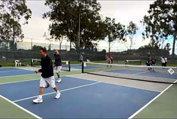 Lively game of Pickleball with two FATHER-DAUGHTER pairs at Cerritos Regional Park #982