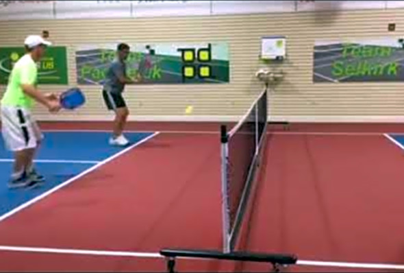 Gary and Leo dinking in perfect rhythm Naples Pickleball Indoor