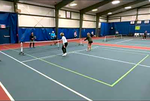 Pickleball Part 2 of 2 match play with coaching from teaching pro Lisa Frumhoff: Ann, Becky and Tom