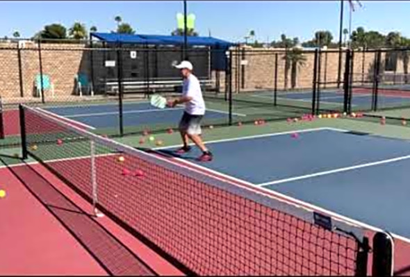 Pickleball low volley topspin roll dipper by Helle Sparre Dynamite Doubles drills