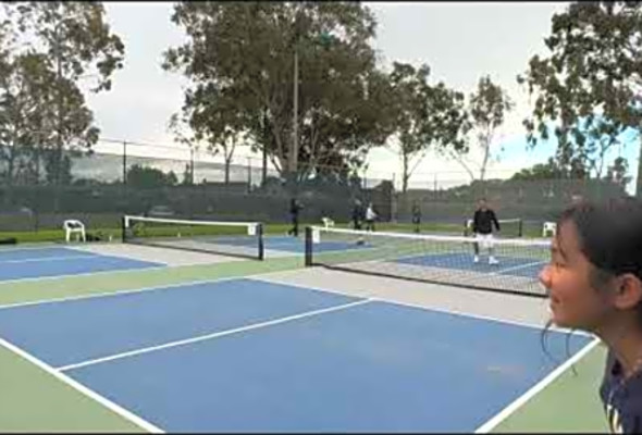 Lively game of Pickleball with two FATHER-DAUGHTER pairs at Cerritos Regional Park #983