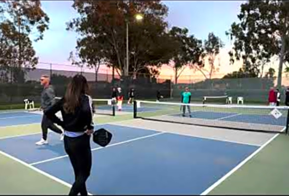 Lively game of Pickleball with two FATHER-DAUGHTER pairs at Cerritos Regional Park #988