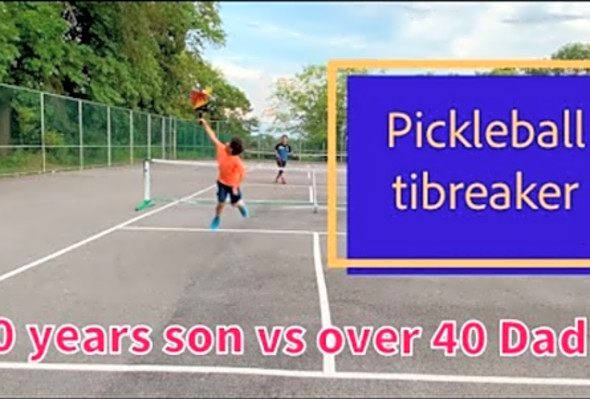 10 years Tennis Boy vs over 40 Dad. Pickleball game / 10