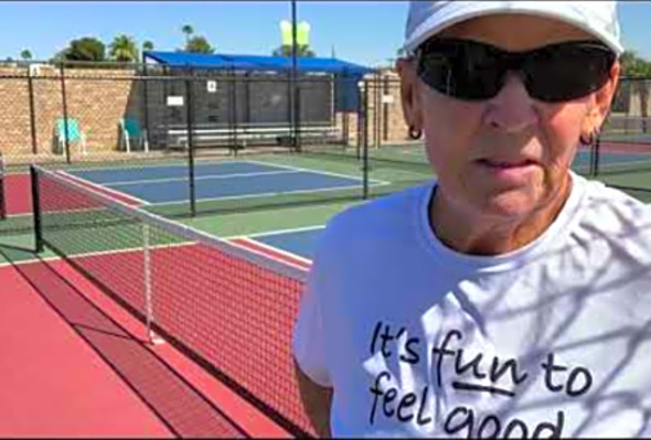 Pickleball low backhand volley options from kitchen line. Helle Sparre Dynamite Doubles