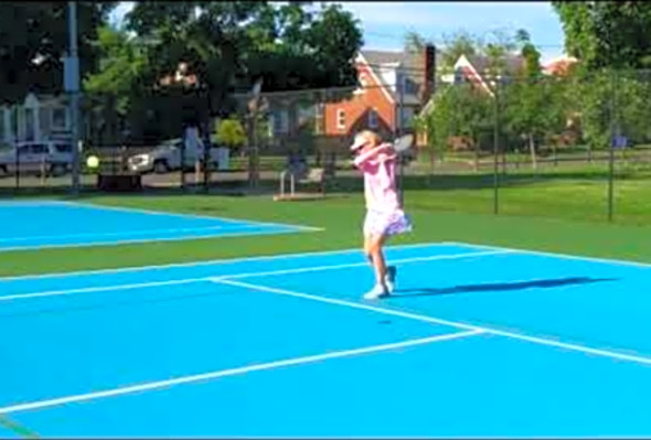 Pickleball Topspin Serve with Follow Through over the Left Shoulder, Ann Carney