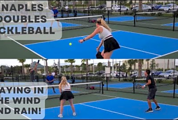 Naples Pickleball Doubles, Playing in the Wind and Rain! Rob &amp; Becca vs The Old Man &amp; Kermin
