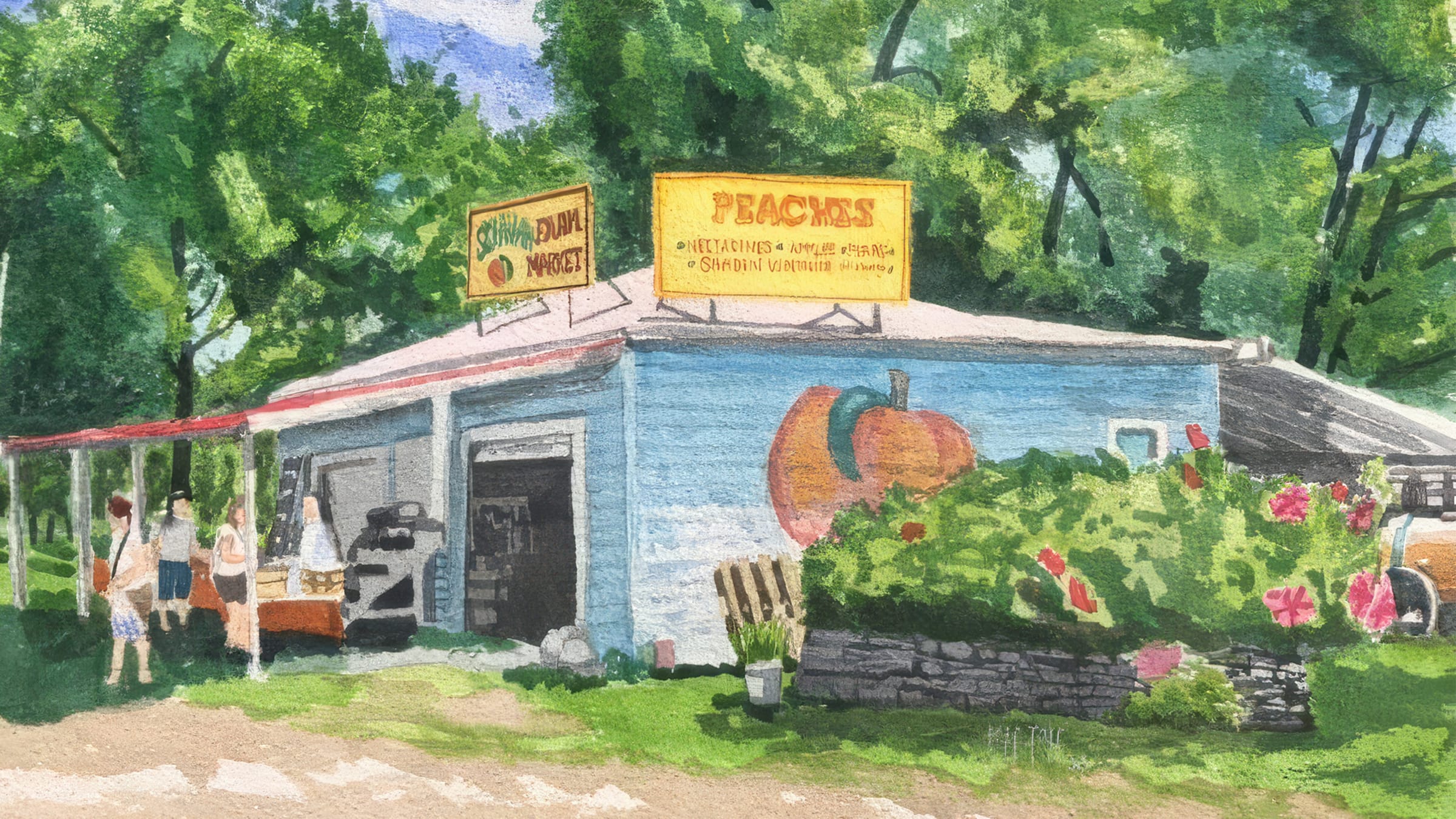 The Schwan Orchards roadside stand under a blue sky