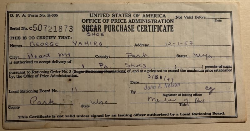 Shoe certificate for the Heart Mountain camp