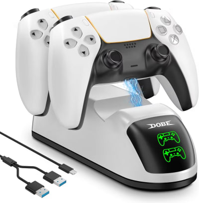 Likorlove شاحن سريع يد PS5، قاعدة شحن مزدوجة USB Controller Dock مع مؤشر LED، أبيض