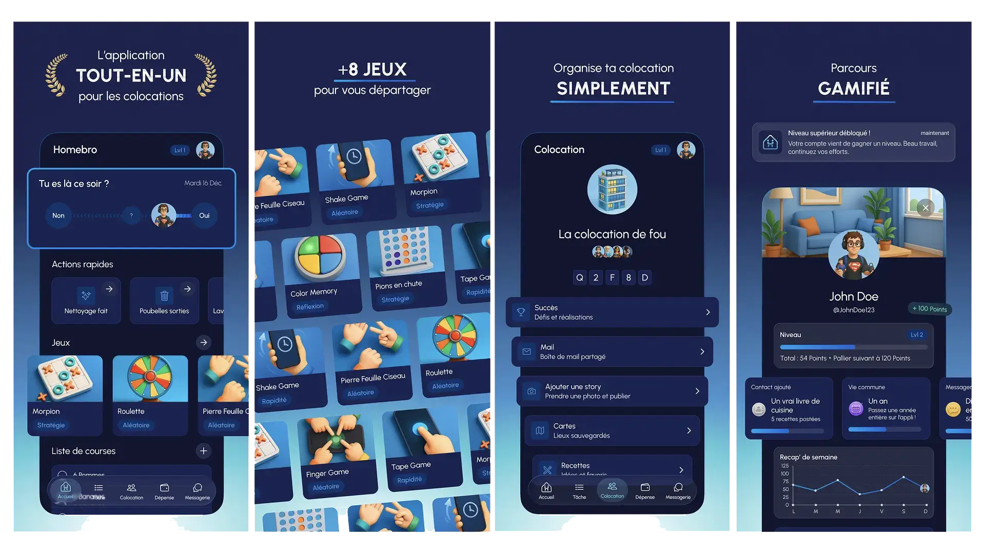 Interface application Homebro pour colocation : écran d'accueil, mini-jeux, gestion de colocation et parcours gamifié avec système de points