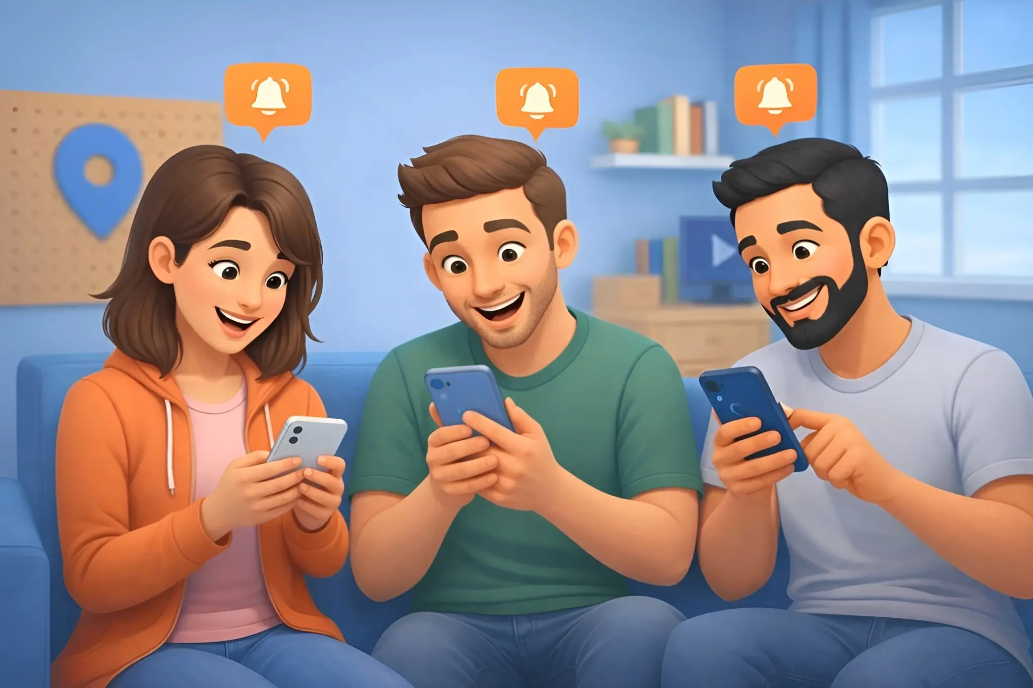 Trois colocataires recevant notifications push Homebro sur smartphones pour rappels tâches ménagères dans salon moderne