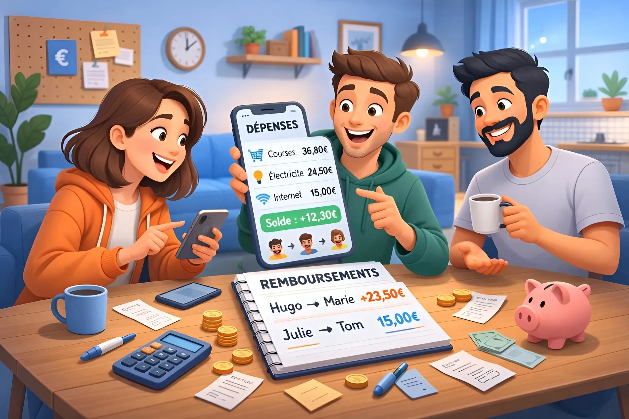 Trois colocataires gérant dépenses partagées avec application Homebro affichant courses, électricité, internet et calcul remboursements automatiques