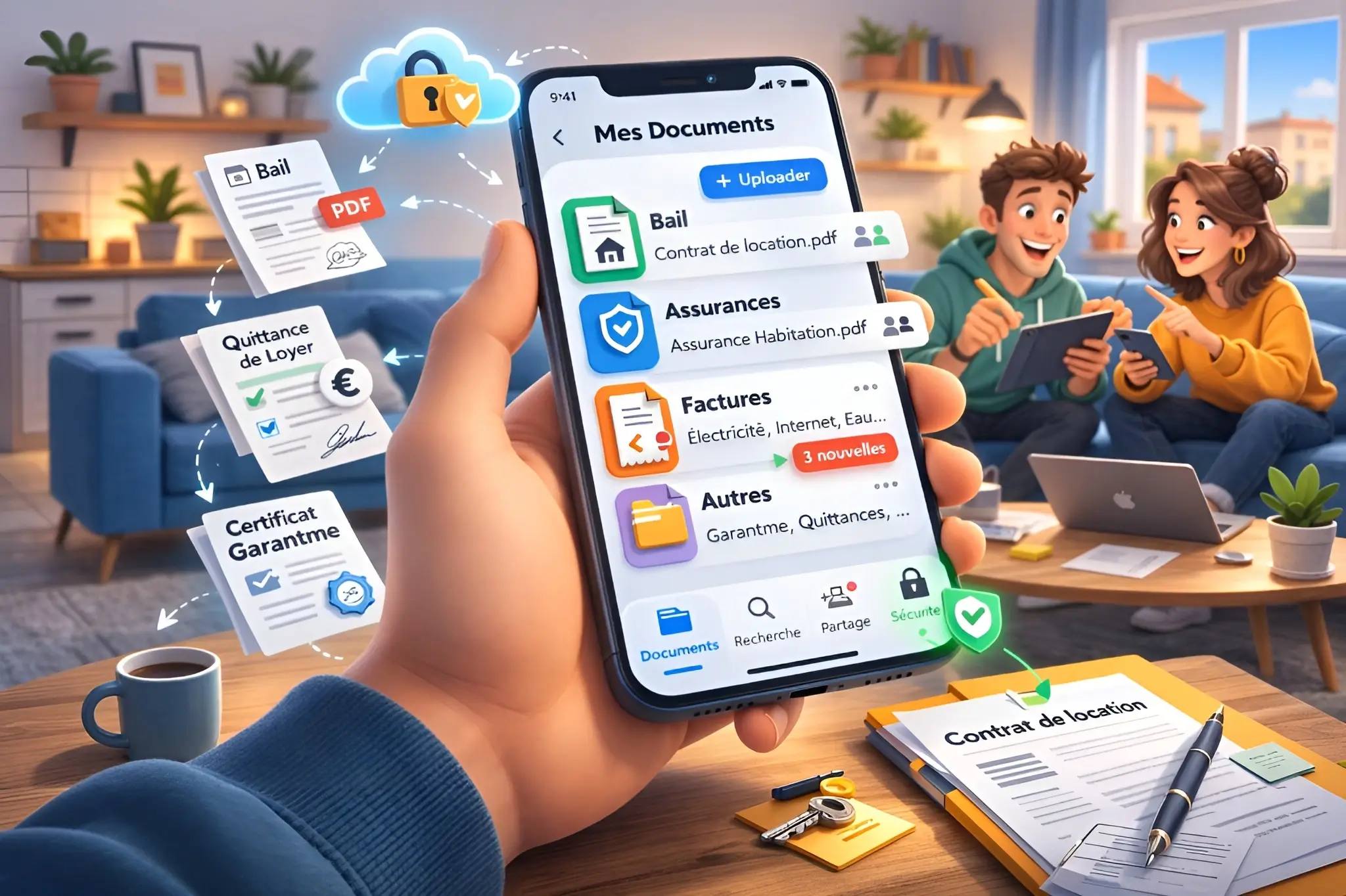 Application Homebro stockage documents colocation sécurisé : bail, assurance habitation, factures, certificat Garantme organisés par catégories avec cloud chiffré