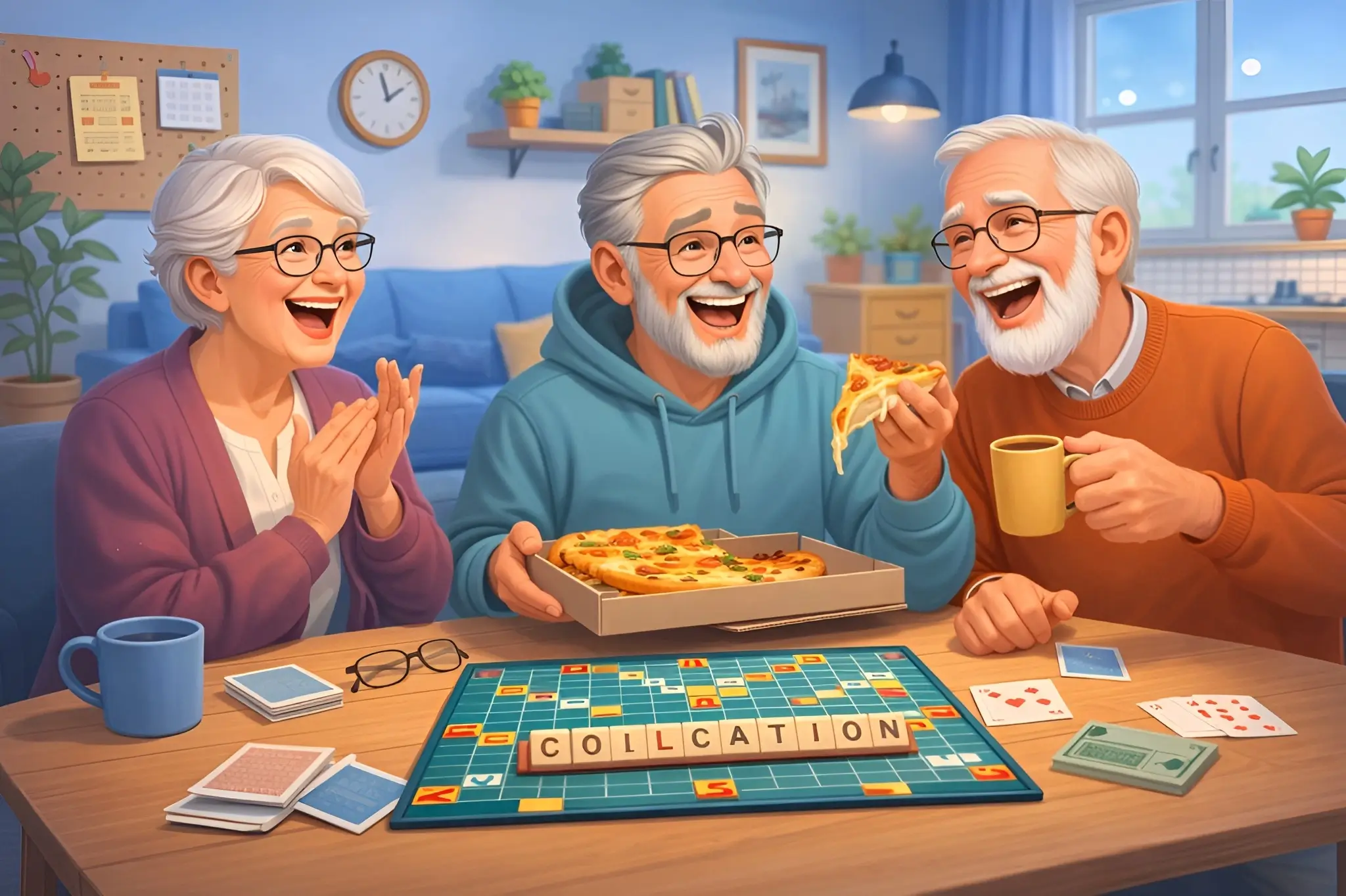 Illustration chaleureuse de trois seniors en colocation, assis autour d’une table dans un salon lumineux, riant et partageant un moment convivial avec une pizza