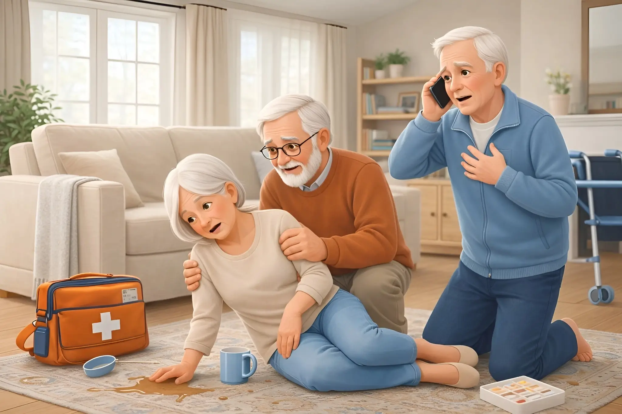 Illustration of three seniors in colocation: a woman has just fainted and is supported by a roommate while another calls for help, in a warm living room, symbolizing security and mutual aid in daily life.