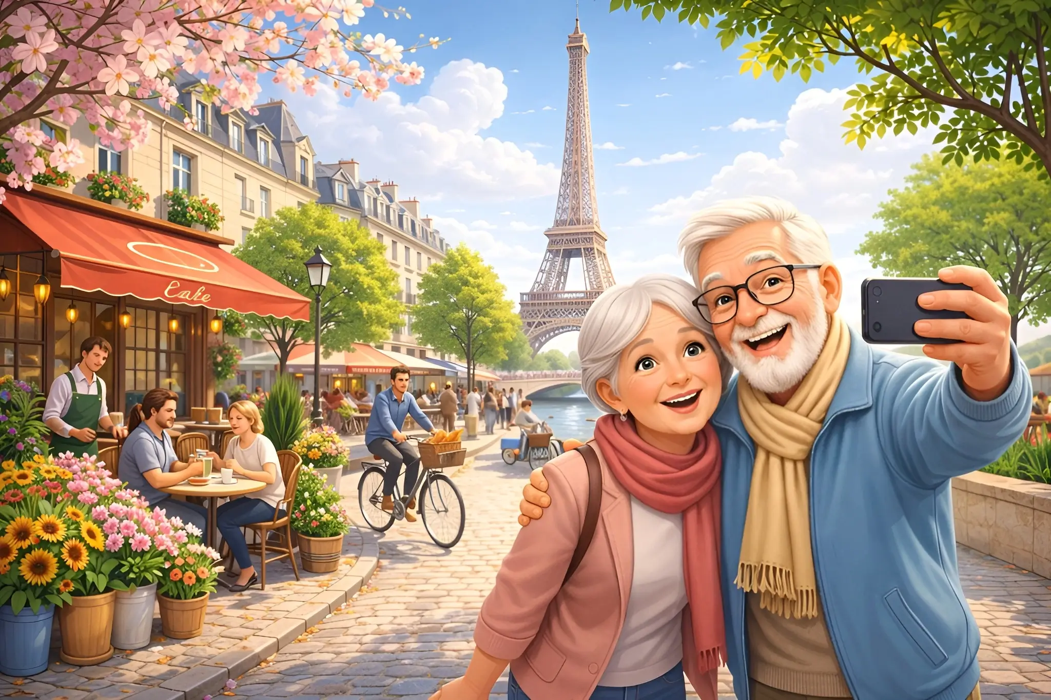 Warm illustration of senior colocation in Paris: two seniors in a soft cartoon style taking a selfie in front of the Eiffel Tower, in a friendly and sunny atmosphere.