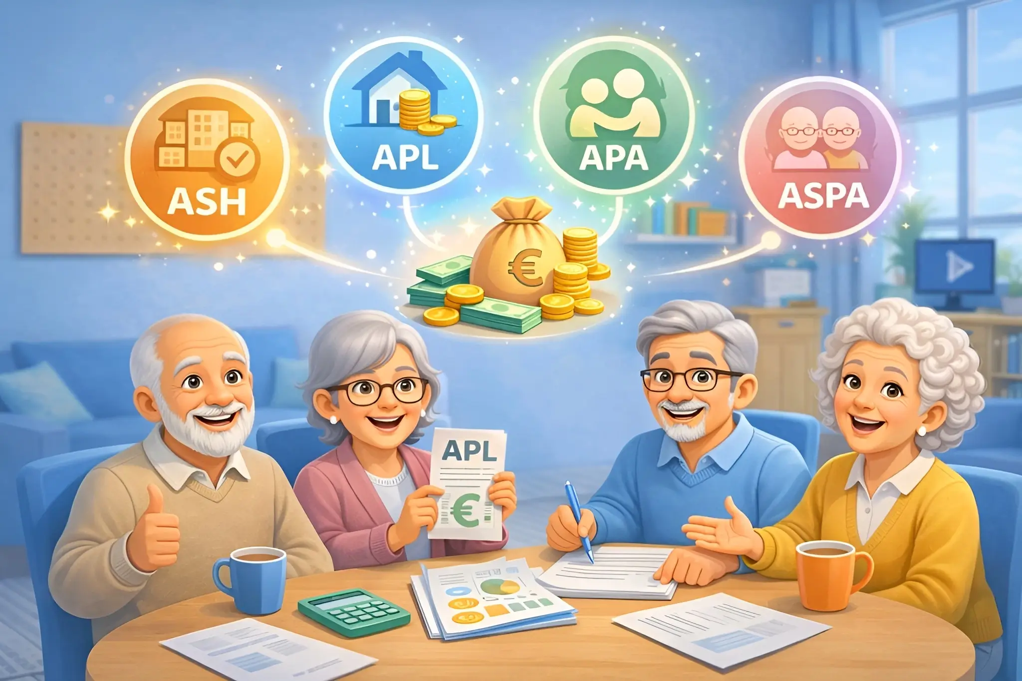 Senior colocation financial aid represented by four elderly roommates gathered around a table with documents and social aid symbols.