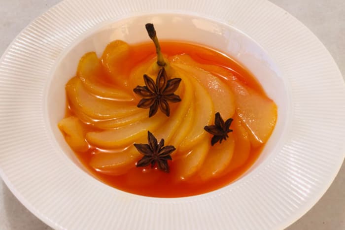 Celebrating Pride Month With Rainbow Recipes: Saffron Poached Pear