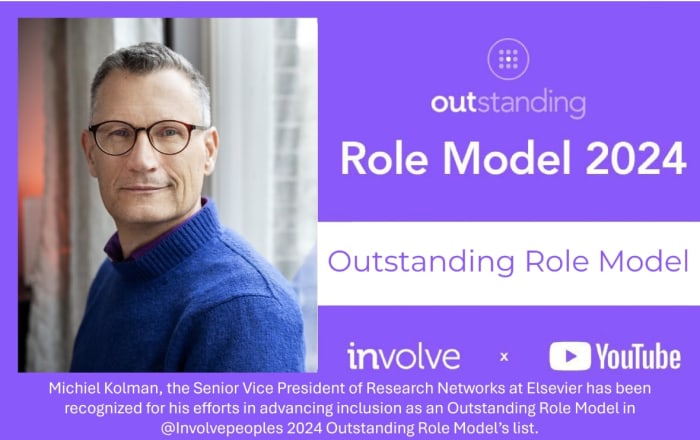 Michiel Kolman🏳️‍🌈, Senior VP Research Networks at Elsevier recognized as a 2024 Outstanding Role Model for his leadership in advancing inclusion