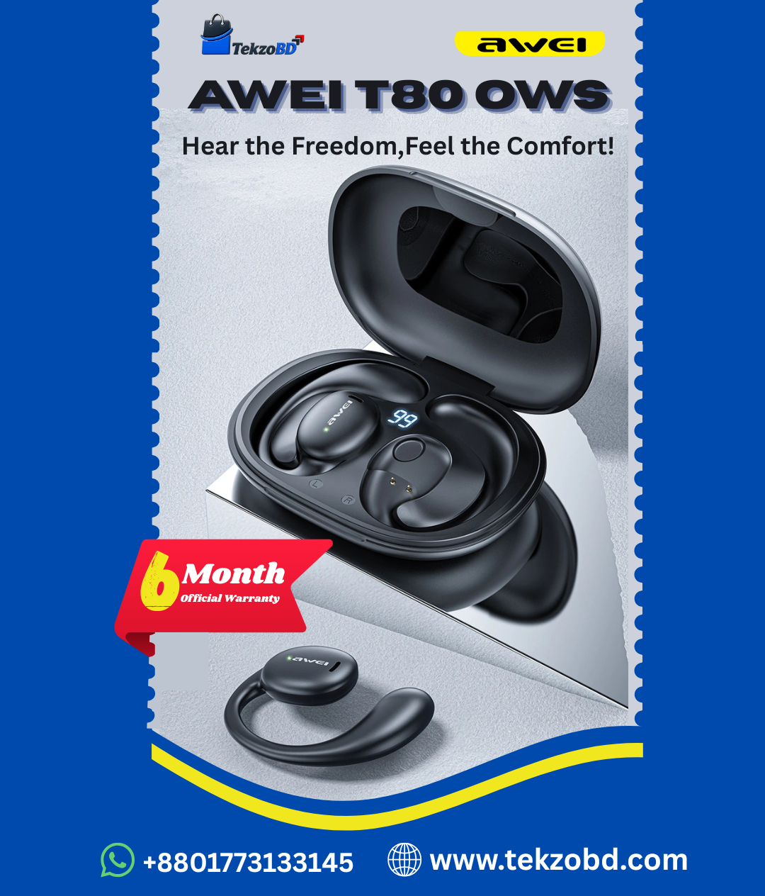 Awei T80 OWS Bluetooth Air Conduction Earbuds – Comfort & Clear Sound with 6-Month Warranty