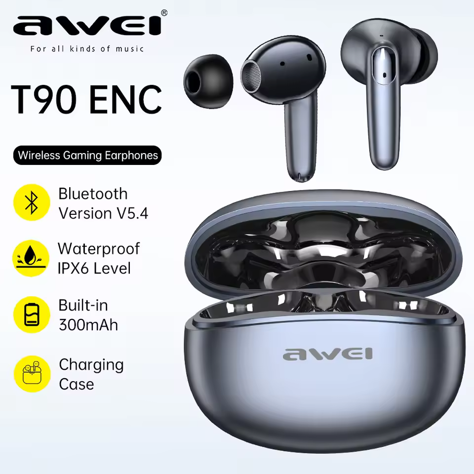 Awei T90 2 in 1 ENC Wireless Bluetooth Earbuds With Mic | 20 Hours Battery | Noise Reduction | Bluetooth 5.3