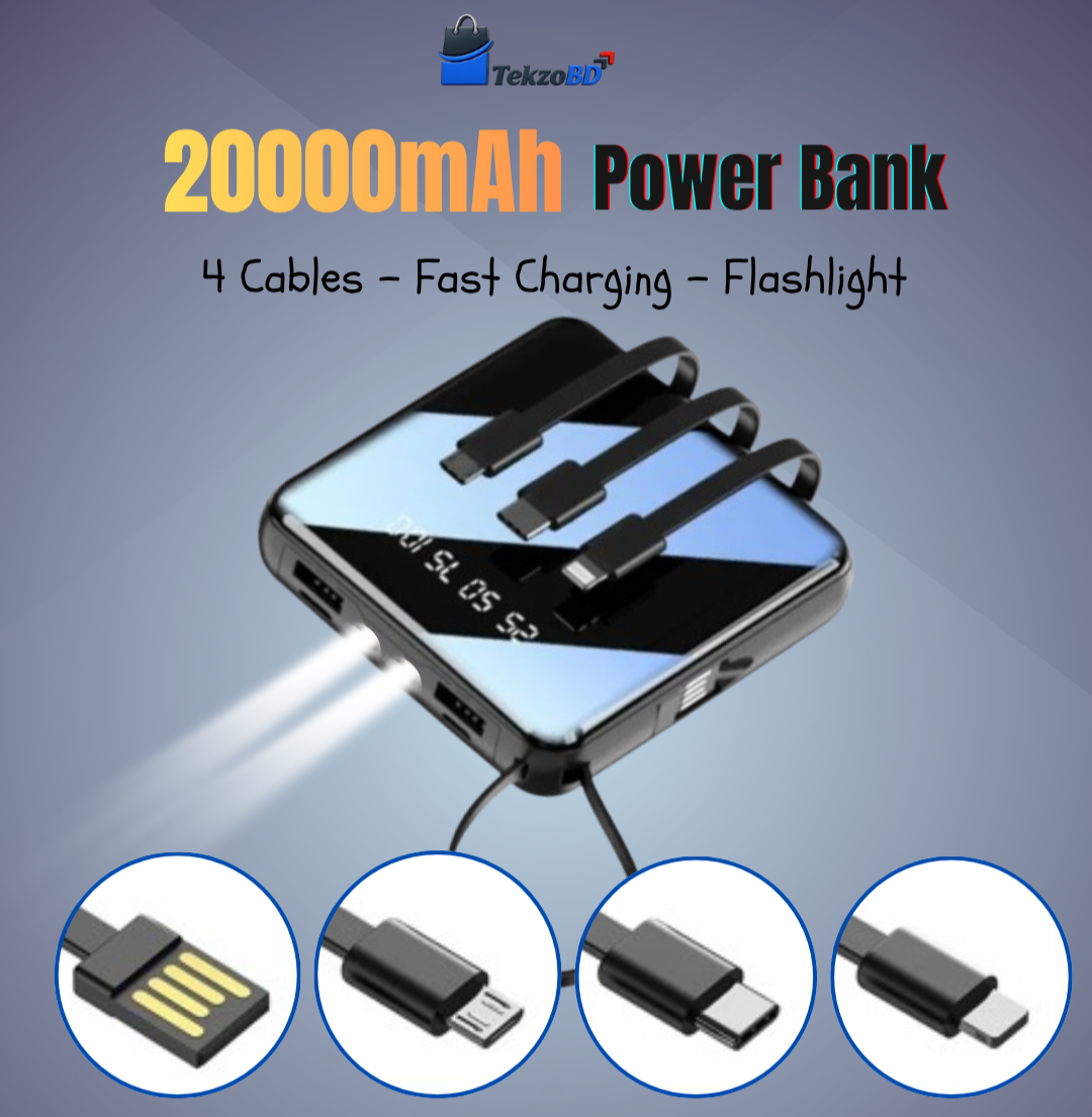 20000mAh Mini Power Bank – Built-in 4 Cables, Fast Charging & Flashlight | Portable Power Solution