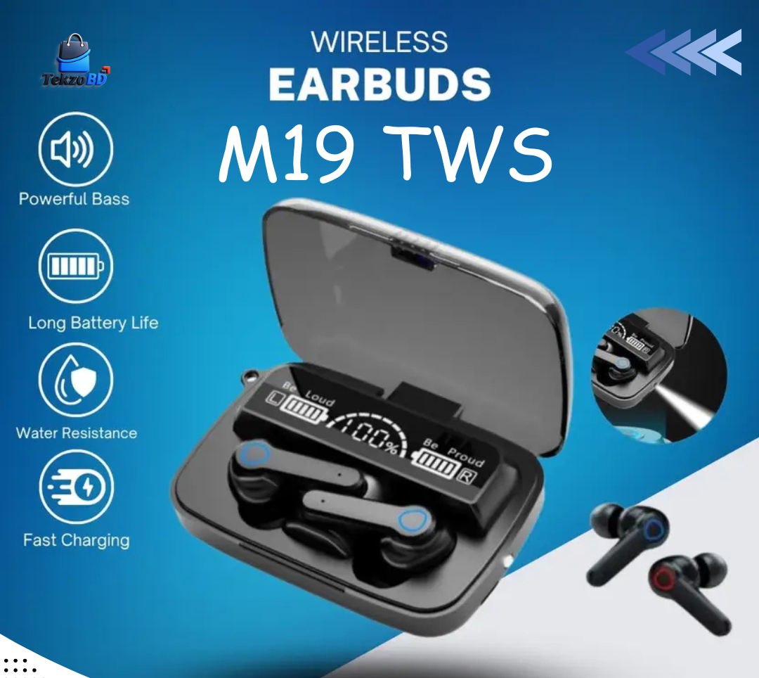 M19 TWS Bluetooth Earbuds – Long Battery Backup | Touch Control | Waterproof