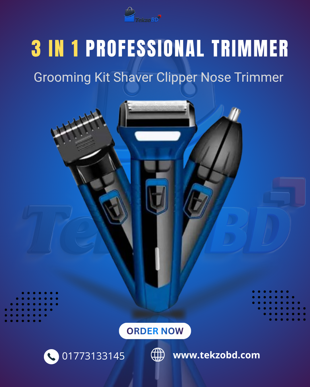 Kemei KM-6330 3 In 1 Professional Hair Trimmer | Super Grooming Kit for Men – Shaver, Clipper & Nose Trimmer | Tekzo BD