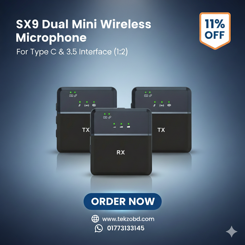SX9 Dual Mini Wireless Microphone – Type-C & 3.5mm Interface (1:2) | Clear HD Audio for Vlogging, Live & Interview