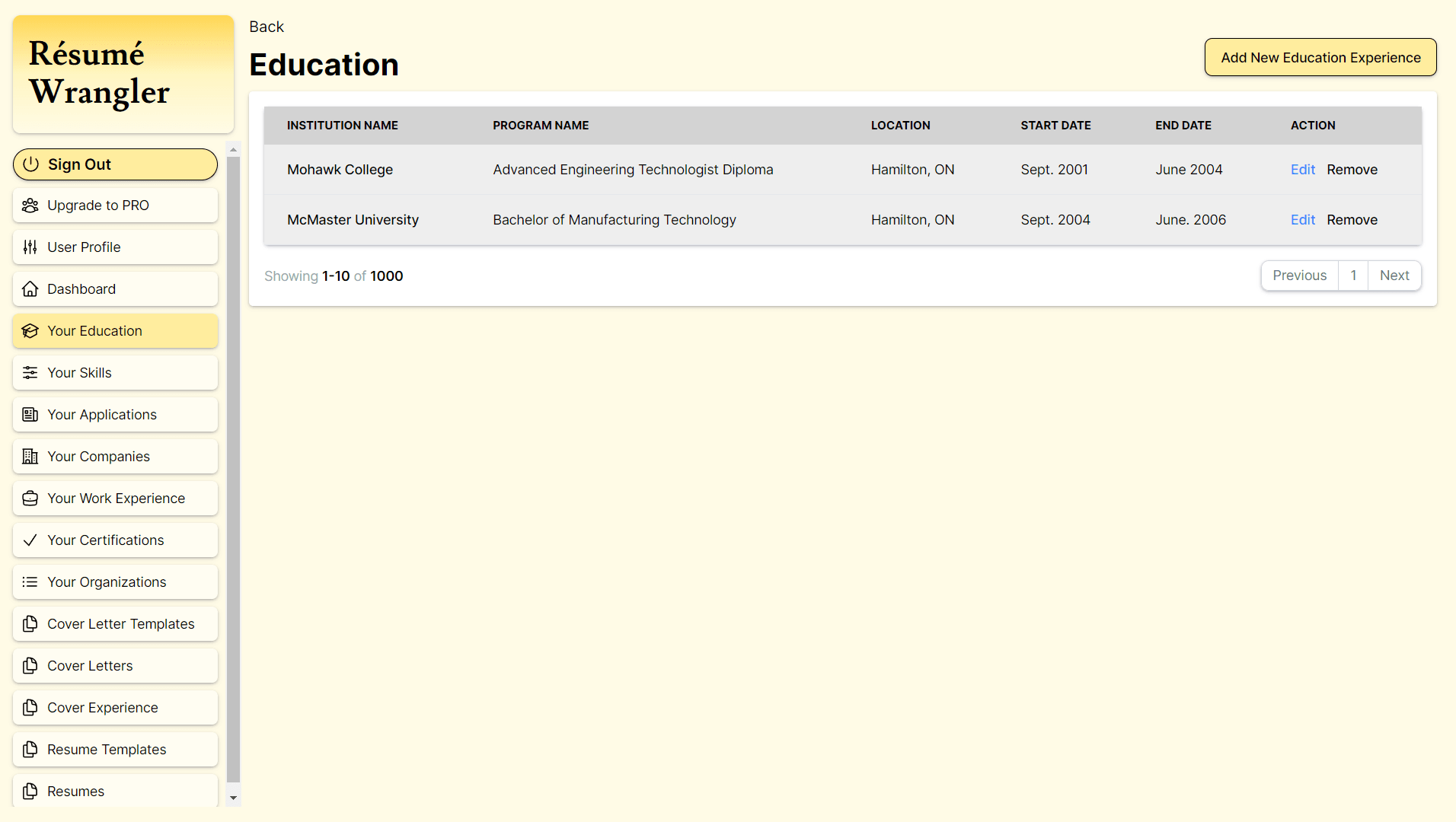 Resume Wrangler education page